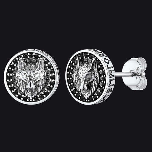 Sterling Silver Viking Wolf Head Stud Earrings For Men