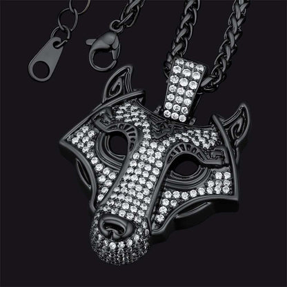 Hip Hop Viking Wolf Head Fenrir Necklace with Cubic Zirconia