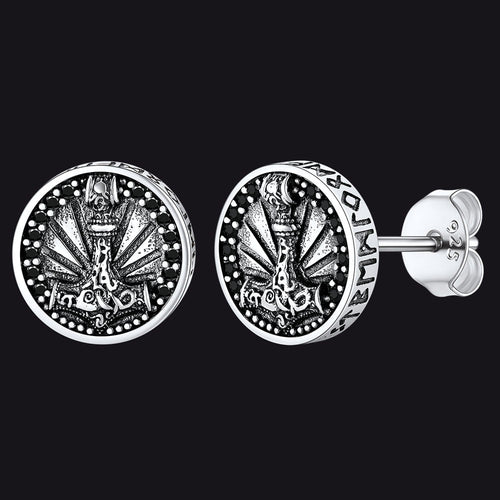Viking Thor's Hammer Stud Earrings With Runes in Sterling Silver