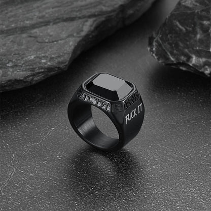 F*ck it Black Onyx Ring with Viking Runes for Men