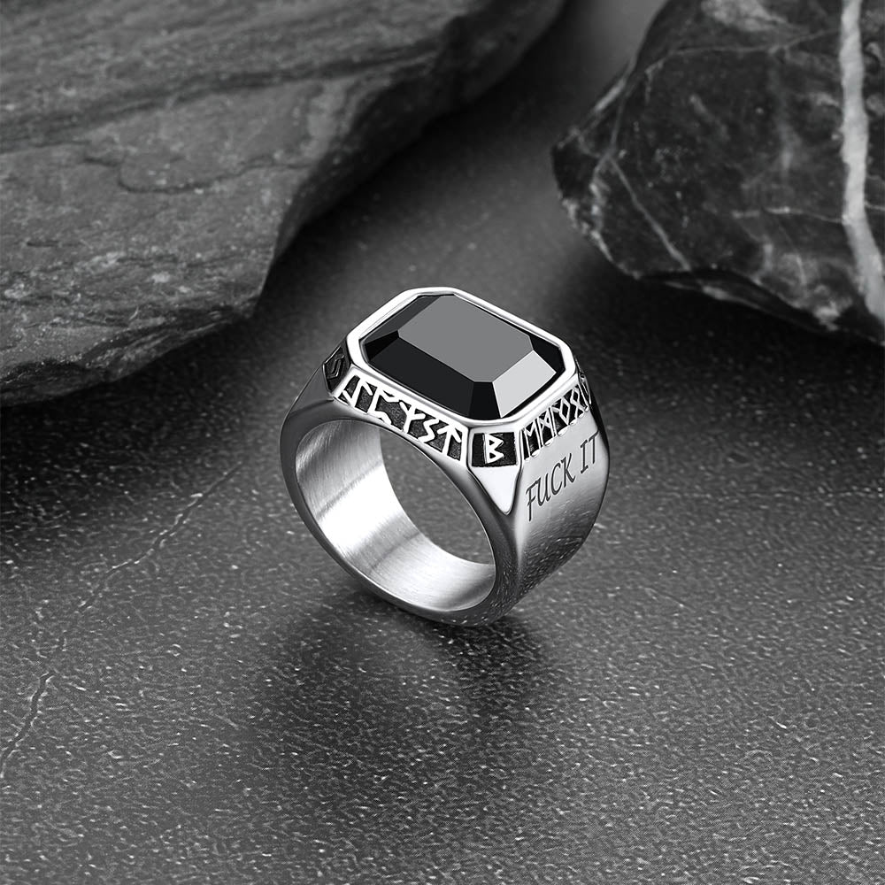 F*ck it Black Onyx Ring with Viking Runes for Men
