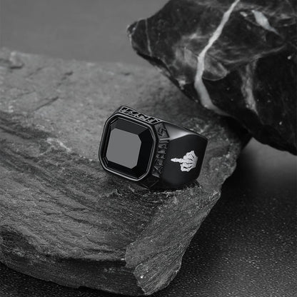 F*ck it Black Onyx Ring with Viking Runes for Men