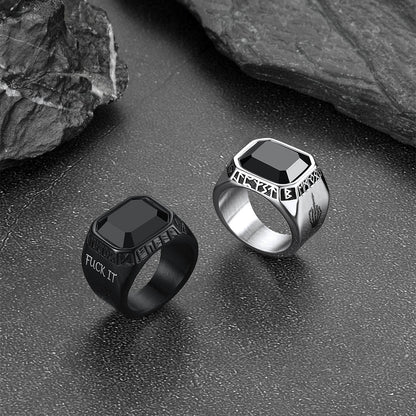 F*ck it Black Onyx Ring with Viking Runes for Men