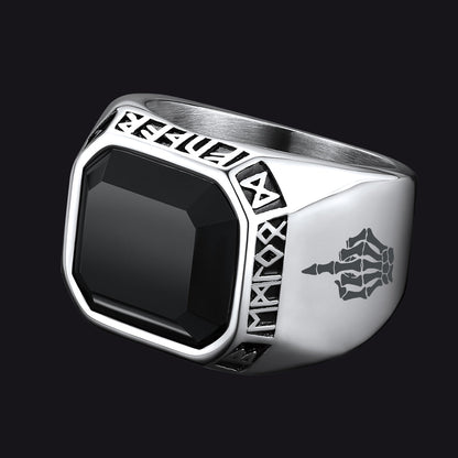 F*ck it Black Onyx Ring with Viking Runes for Men
