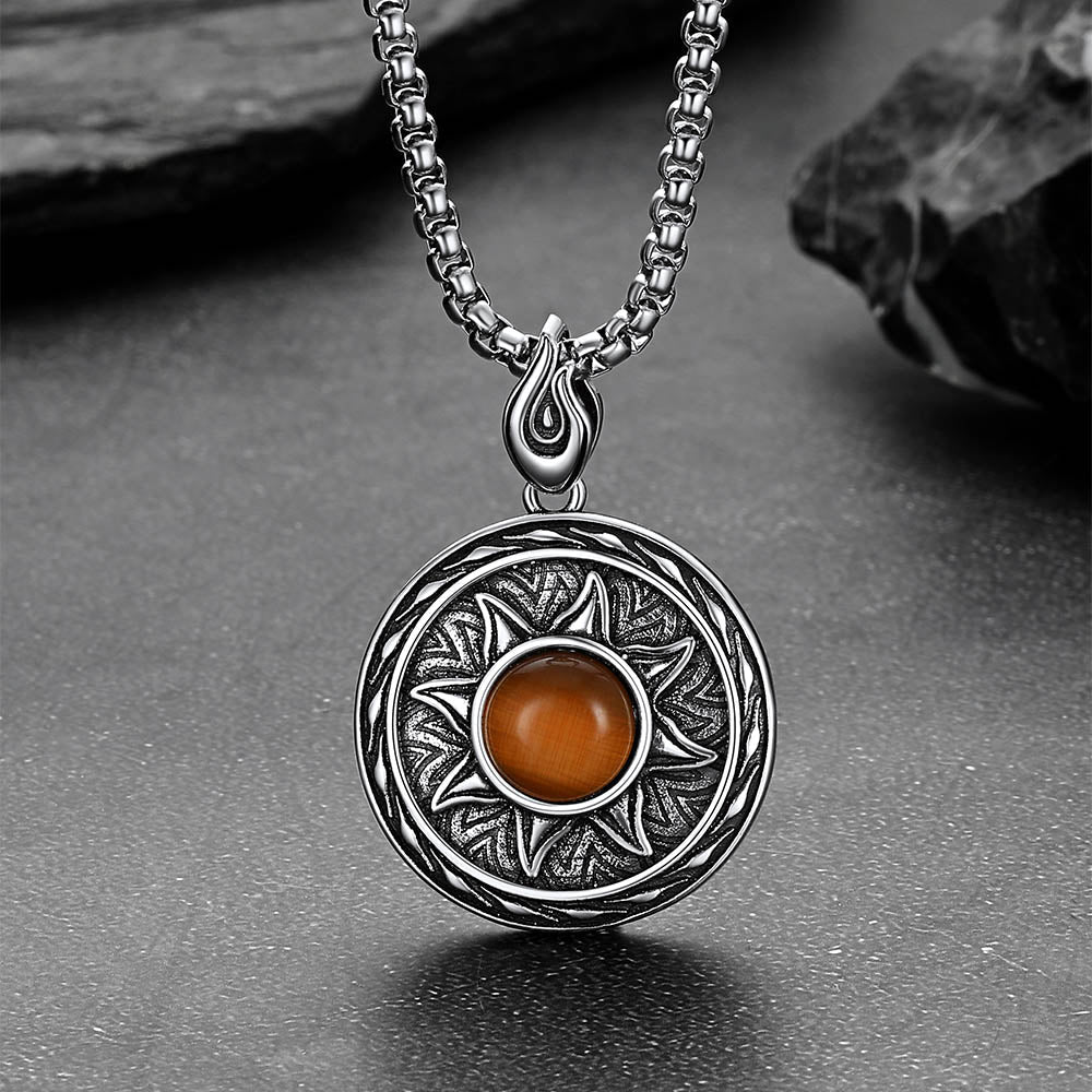 Gothic Tiger Eye Stone Sun Pendant Protection Necklace for Men