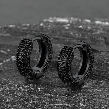 Sterling Silver Viking Runes Hoop Earrings With Black Zirconia for Men
