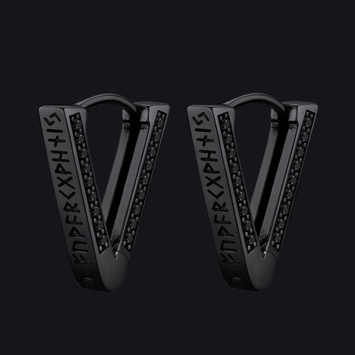 Sterling Silver Viking Triangle Huggie Hoop Earrings with Black Zirconia for Men