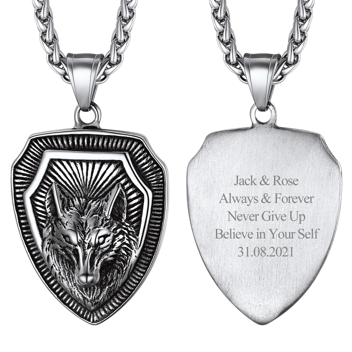 Engraved Viking Nordic Wolf Necklace Amulet Pendant for Men Women