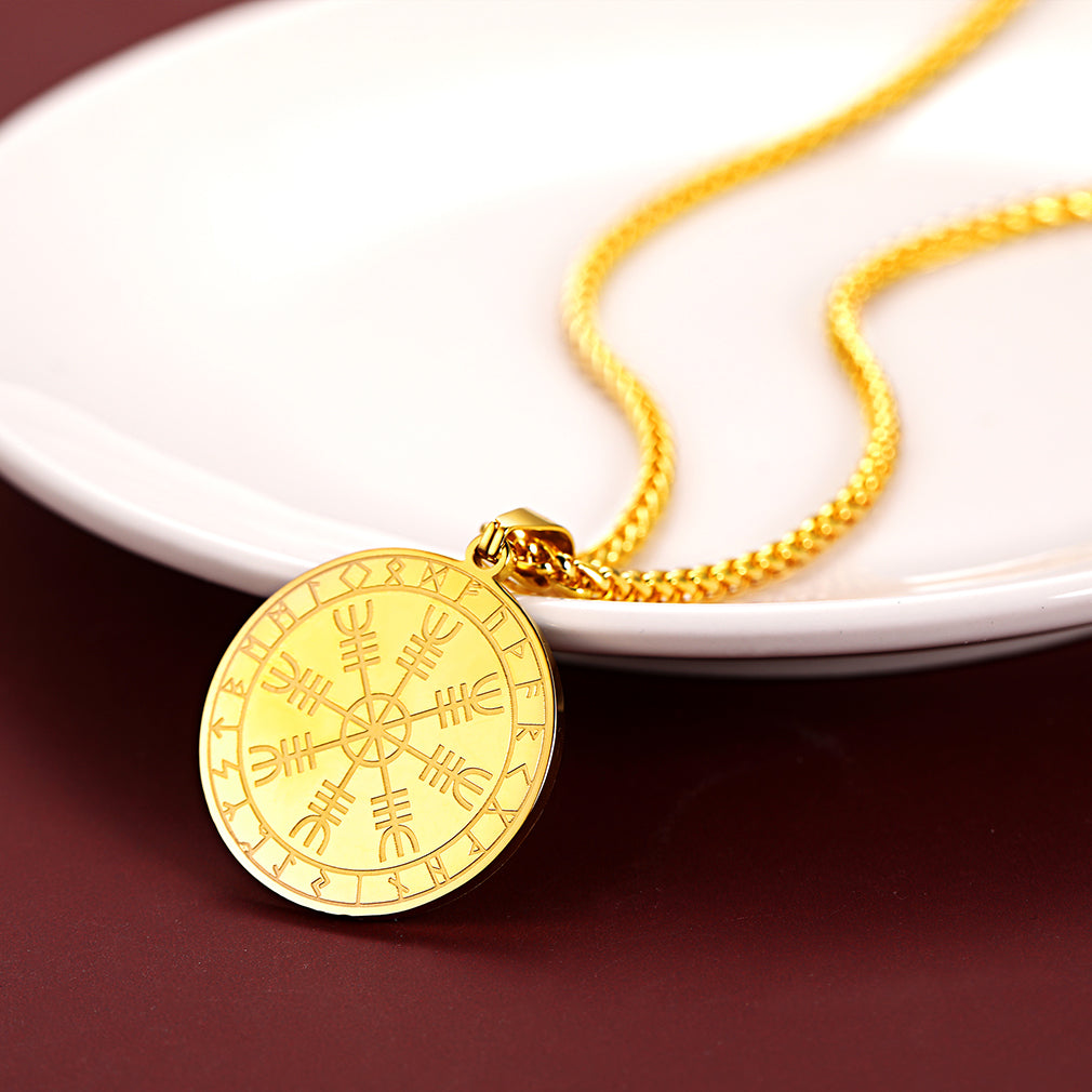 Viking Norse Runes Compass Necklace Amulet Pendant for Men