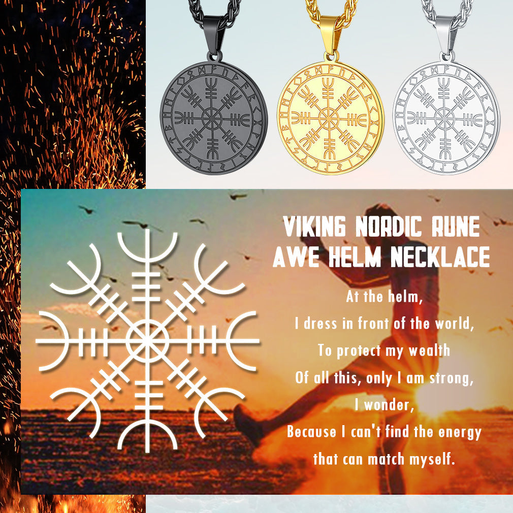 Viking Norse Runes Compass Necklace Amulet Pendant for Men