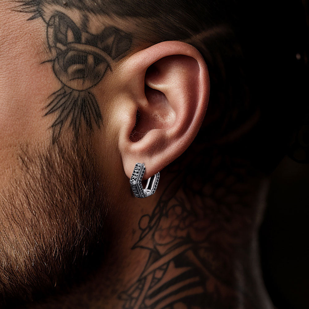 Viking Runes Hexagon Huggie Hoop Earrings for Men
