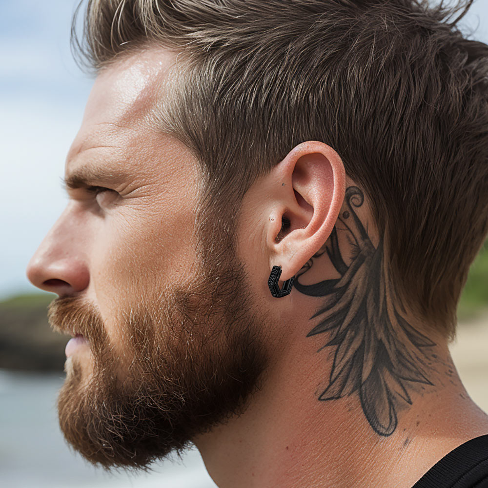 Viking Runes Hexagon Huggie Hoop Earrings for Men