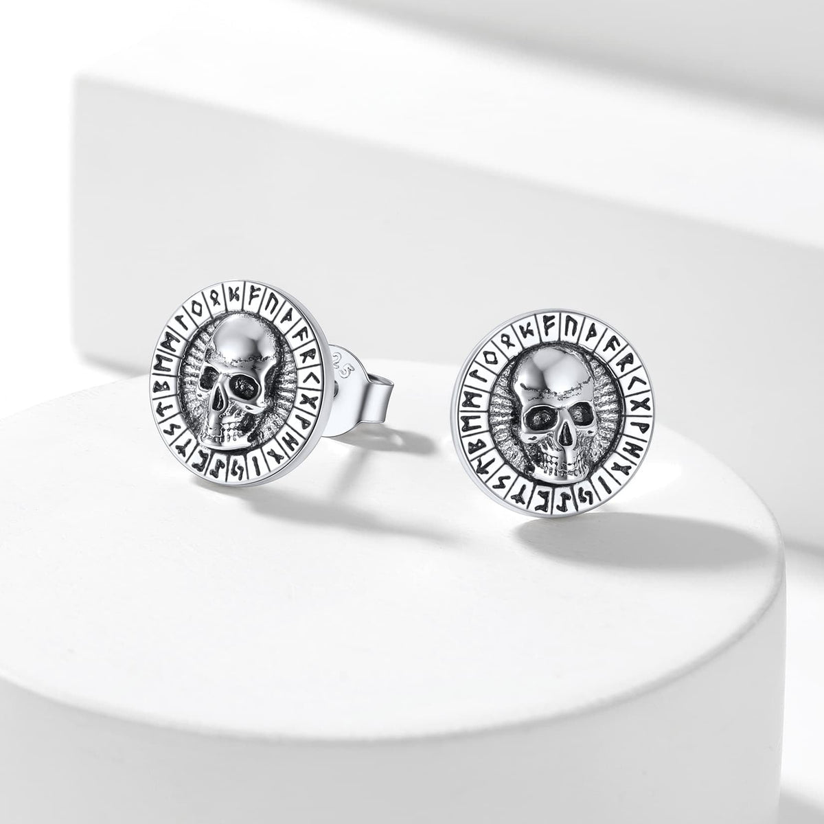 Sterling Silver Runes Skull Earrings Studs For Men