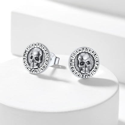 Sterling Silver Runes Skull Earrings Studs For Men