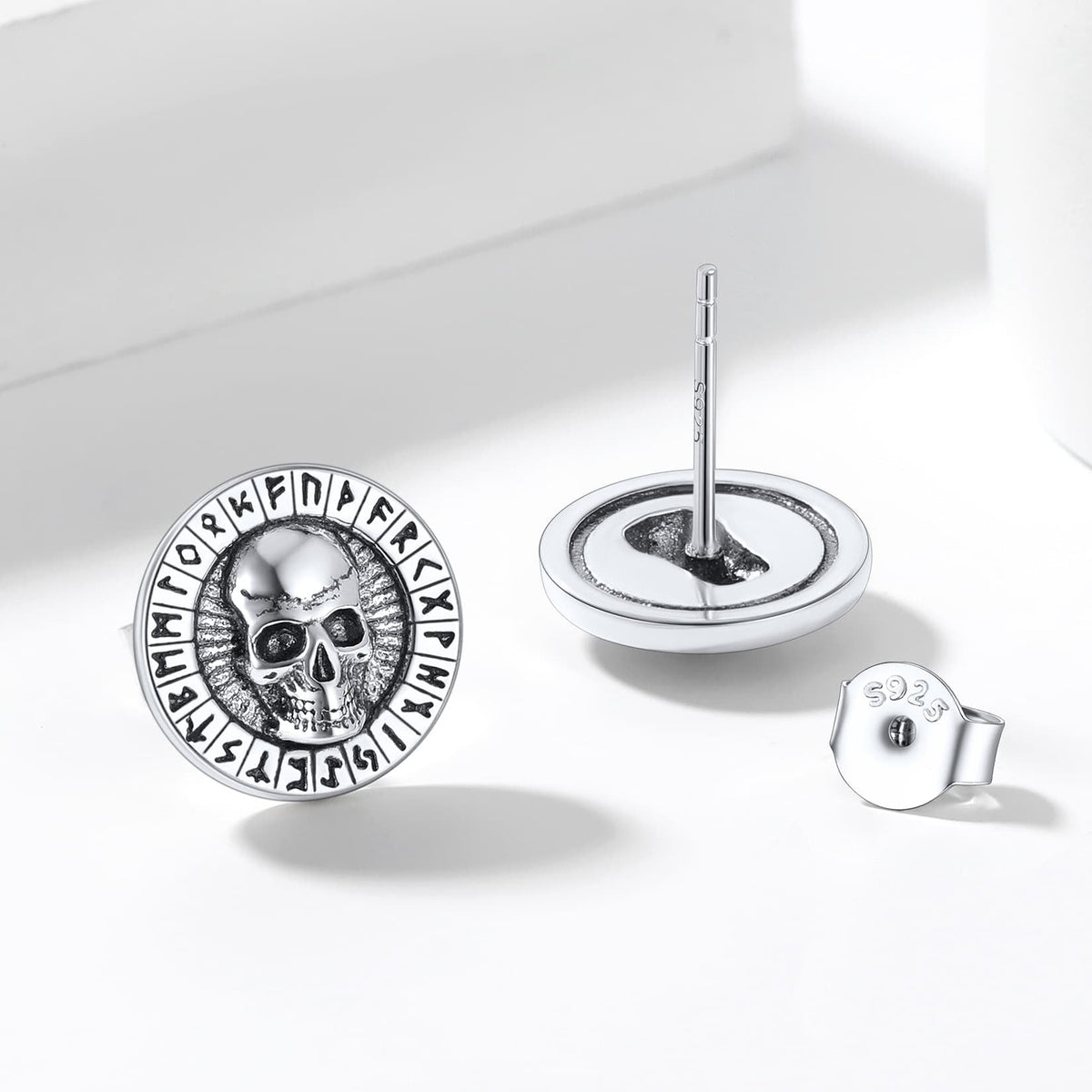 Sterling Silver Runes Skull Earrings Studs For Men