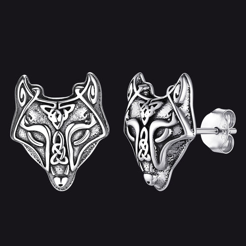Sterling Silver Viking Celtic Wolf Stud Earrings For Men