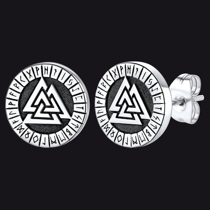 Viking Valknut Black Stud Earrings For Men With Runes