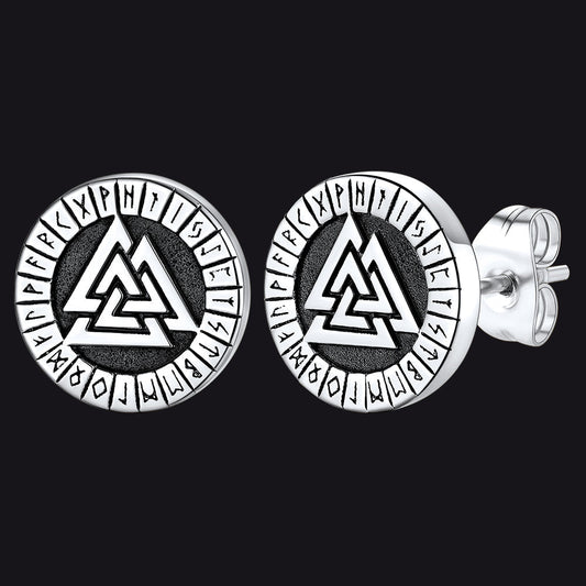 Viking Valknut Black Stud Earrings For Men With Runes