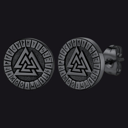 Viking Valknut Black Stud Earrings For Men With Runes
