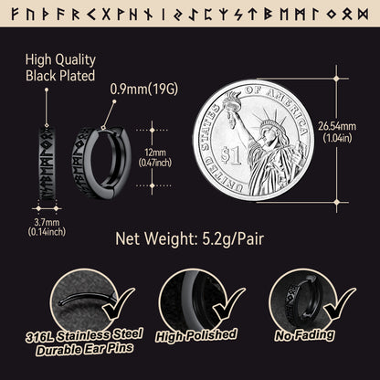 Norse Viking Rune Hoop Earrings & Wolf Medal Necklace Set For Men