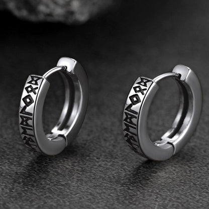 Norse Viking Rune Hoop Earrings & Wolf Medal Necklace Set For Men