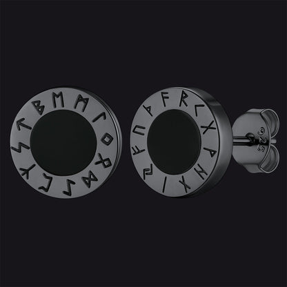 Black Onyx Stud Earrings With Viking Runes in Sterling Silver