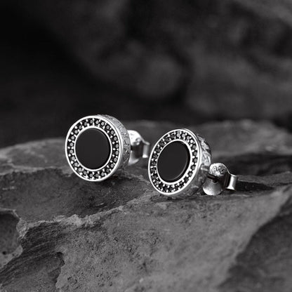 Viking Rune Black Onyx Stud Earrings in Sterling Silver for Men