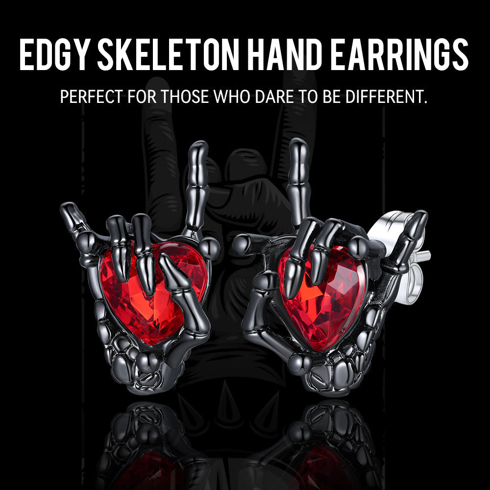 Black Skeleton Rock Hand Heart Ruby Stud Earrings for Men