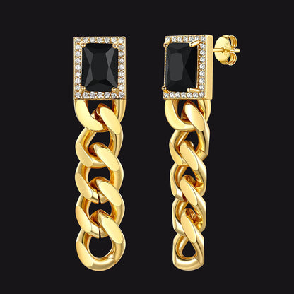 Black Cubic Zirconia Chain Drop Earrings with Gem for Men