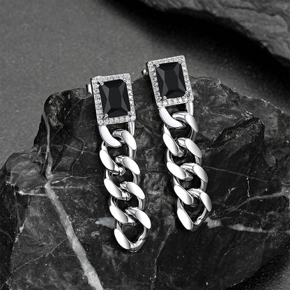 Black Cubic Zirconia Chain Drop Earrings with Gem for Men