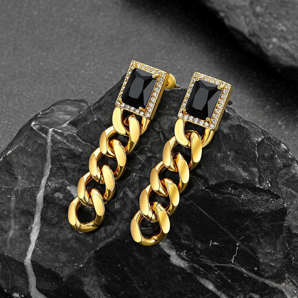 Black Cubic Zirconia Chain Drop Earrings with Gem for Men