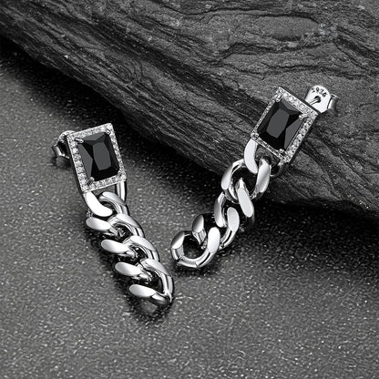 Black Cubic Zirconia Chain Drop Earrings with Gem for Men