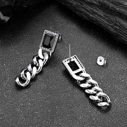 Black Cubic Zirconia Chain Drop Earrings with Gem for Men