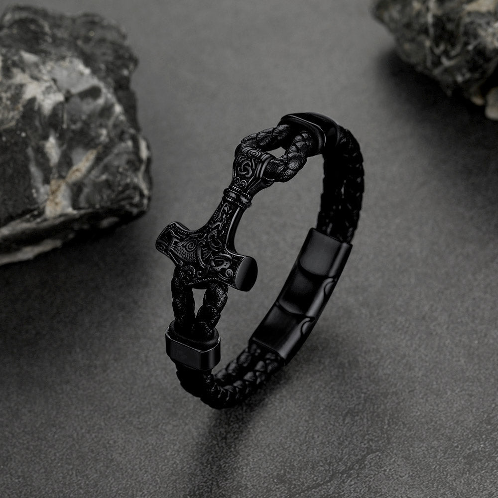 Viking Thor's Hammer Mjolnir Braided Leather Bracelet Gift For Men