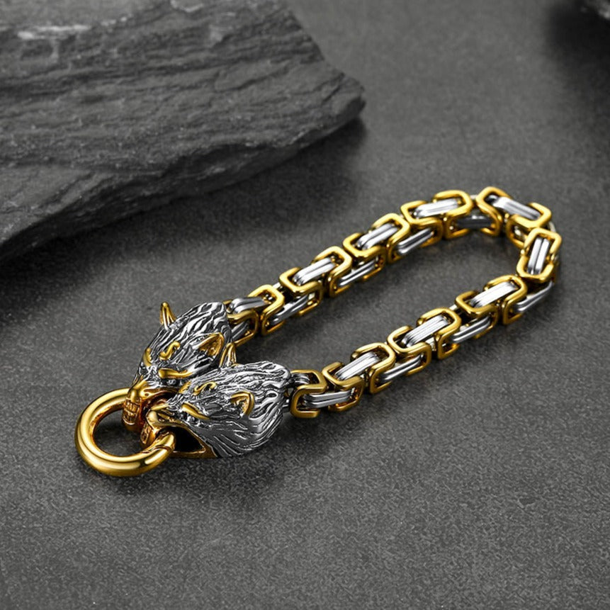 Viking Wolf Head Chain Bracelet Cuff Bangle Gift for Men