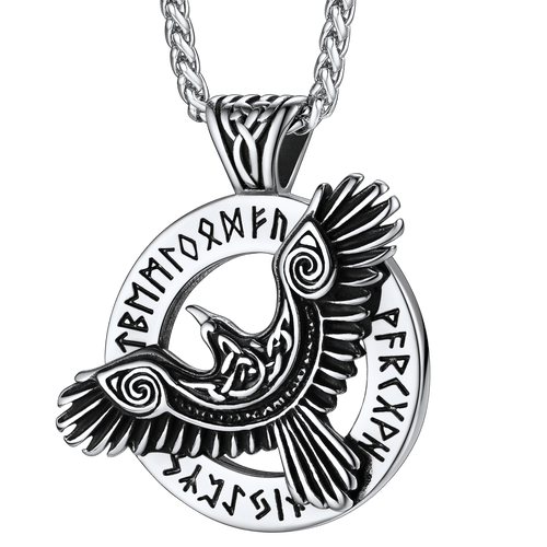 Viking Odin's Raven Necklace For Men With Runes