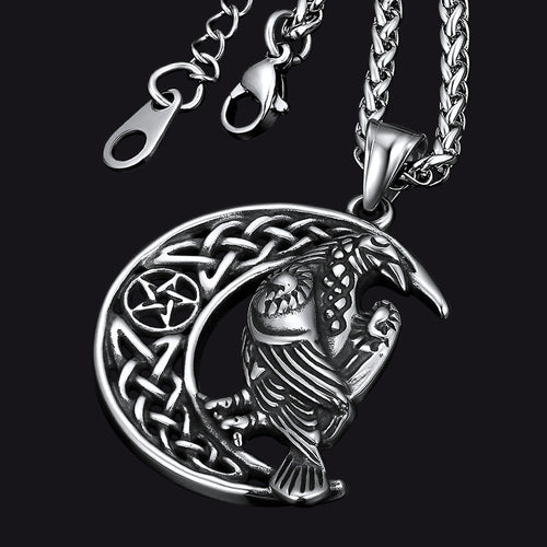 Celtic Crescent Moon Necklace With Odin Raven