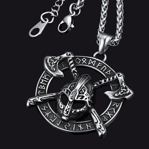 Viking Axe Helmet Pendant Necklace For Men With Runes