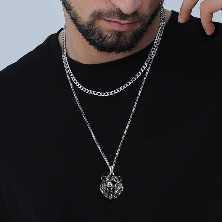 Wild Roaring Bear Head Pendant Necklace for Men