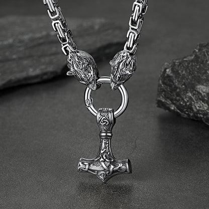 Viking Mjolnir Thor's Hammer Necklace with Wolf Head Kings Chain