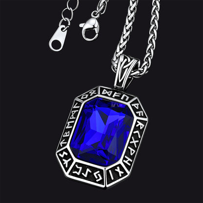 Engraved Crystal Dog Tag Necklace with Viking Runes For Men