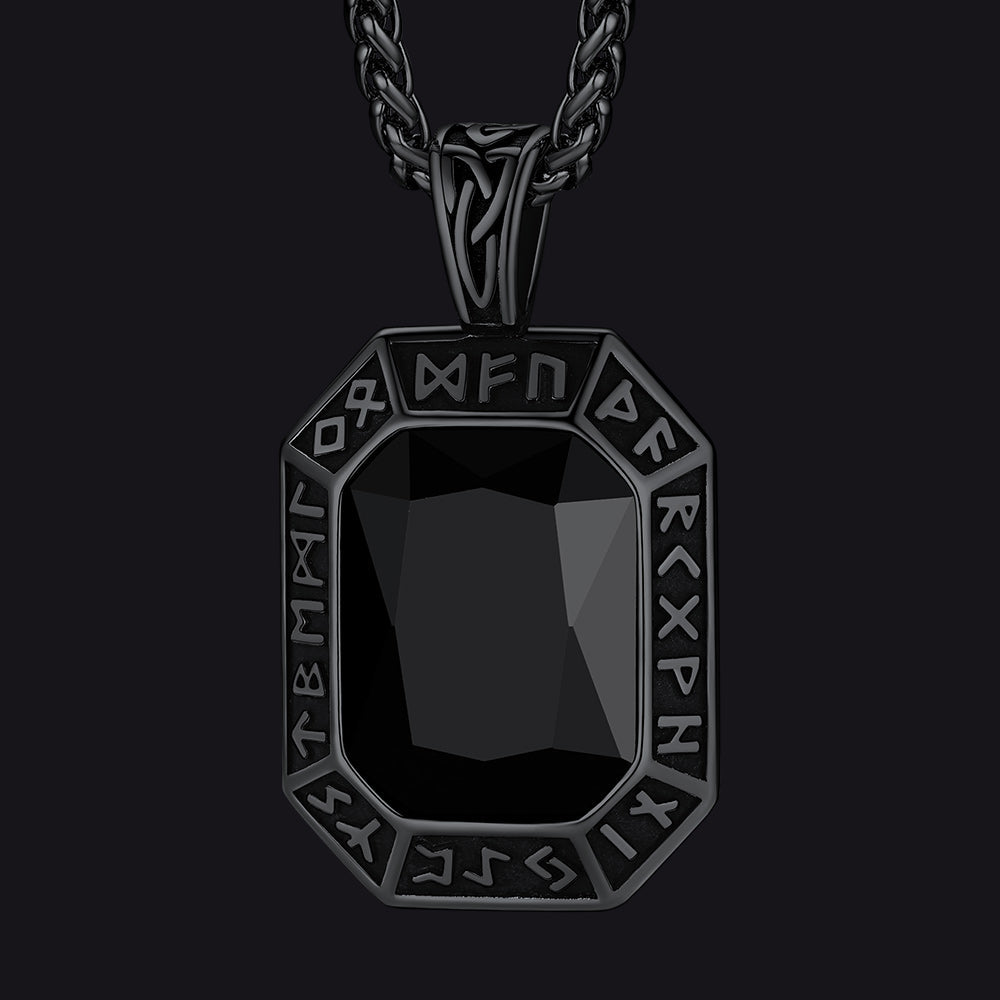 Engraved Crystal Dog Tag Necklace with Viking Runes For Men