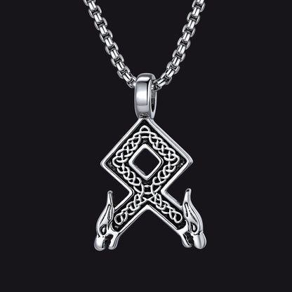Viking Othala Rune Wolf Heads Pendant Necklace for Men