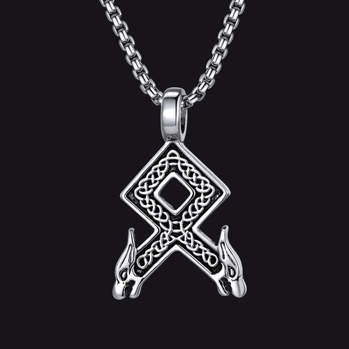 Viking Othala Rune Wolf Heads Pendant Necklace for Men