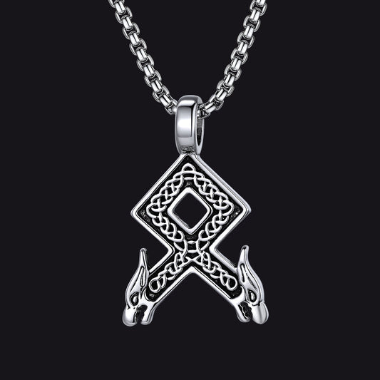 Viking Othala Rune Wolf Heads Pendant Necklace for Men
