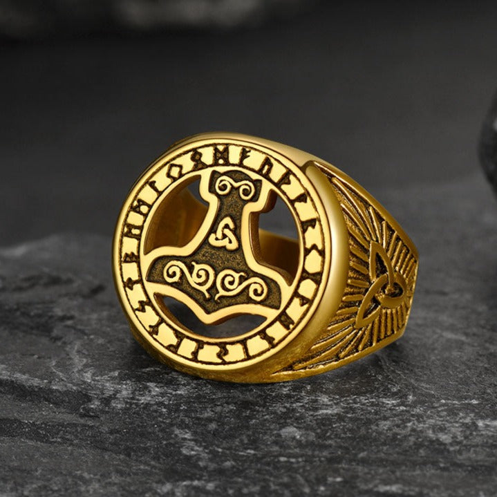 Viking Thor's Hammer Ring with Runes for Men
