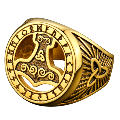 Viking Thor's Hammer Ring with Runes for Men