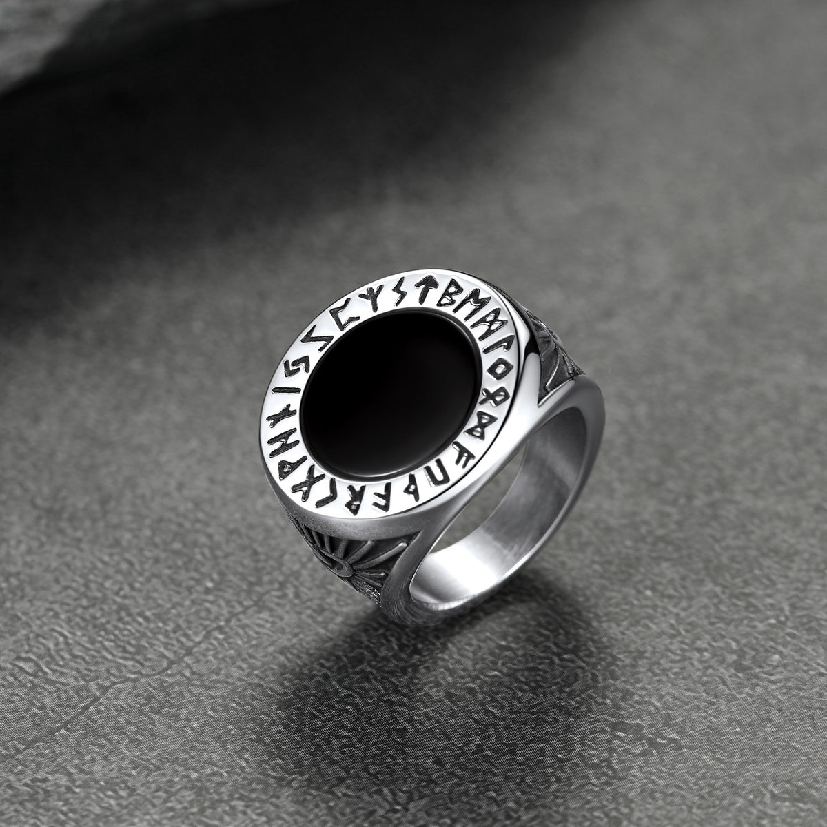 Black Onyx Signet Ring with Viking Runes for Men
