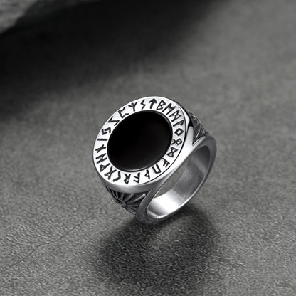 Black Onyx Signet Ring with Viking Runes for Men