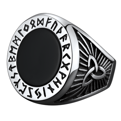 Black Onyx Signet Ring with Viking Runes for Men